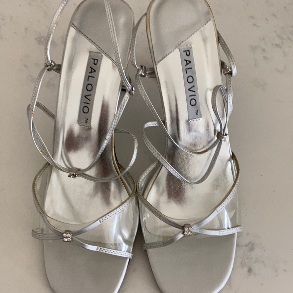 Silver, sandals with diamond accents,plastic clear heels size 9 new. Never worn